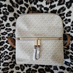 Michael Kors Vanilla MK Logo Backpack with Brown Trim and Gold Hardware
